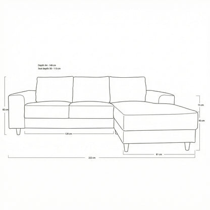 Toronto sofa med chaiselong højrevendt 222 x 82 cm