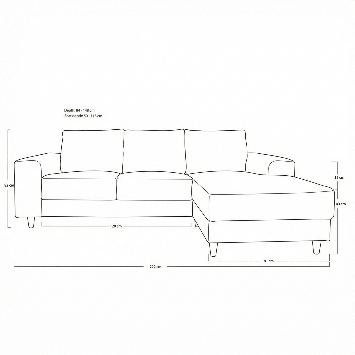 Toronto sofa med chaiselong højrevendt 222 x 82 cm i cognac
