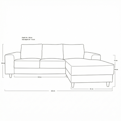 Toronto sofa med chaiselong højrevendt 222 x 82 cm i cognac